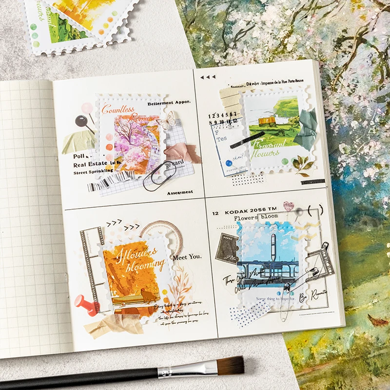 Journal GO 30pcs Oil Painting Stamp Sticker Literary Scenery Landscaping Material Collage Creative Journal Scrapbooking Label