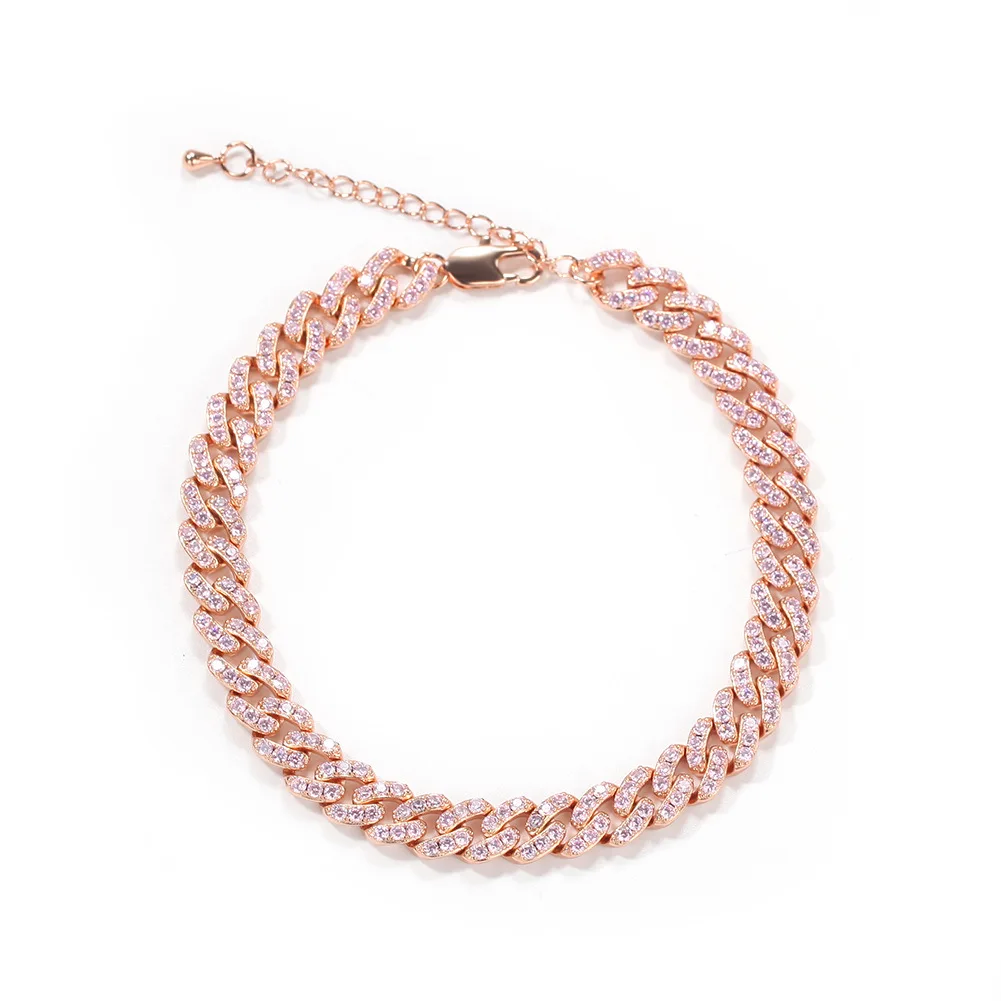 

9 mm Iced Out Rose Color Cuban Link Anklet Bracelets Extension Chain Zircon Hip Hop Fashion Punk Chain Bling Charms Jewelry