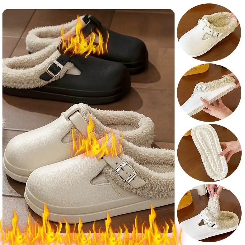 2026 Zapatillas EVA impermeables de invierno para mujer, pantuflas peludas de felpa cálidas, toboganes interiores con hebilla de Metal de fondo grueso antideslizante