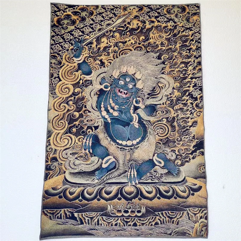 Tantric Thangka, embroidered brocade painting, black gold Dharma protector, exquisite home decoration, auspicious Thangka