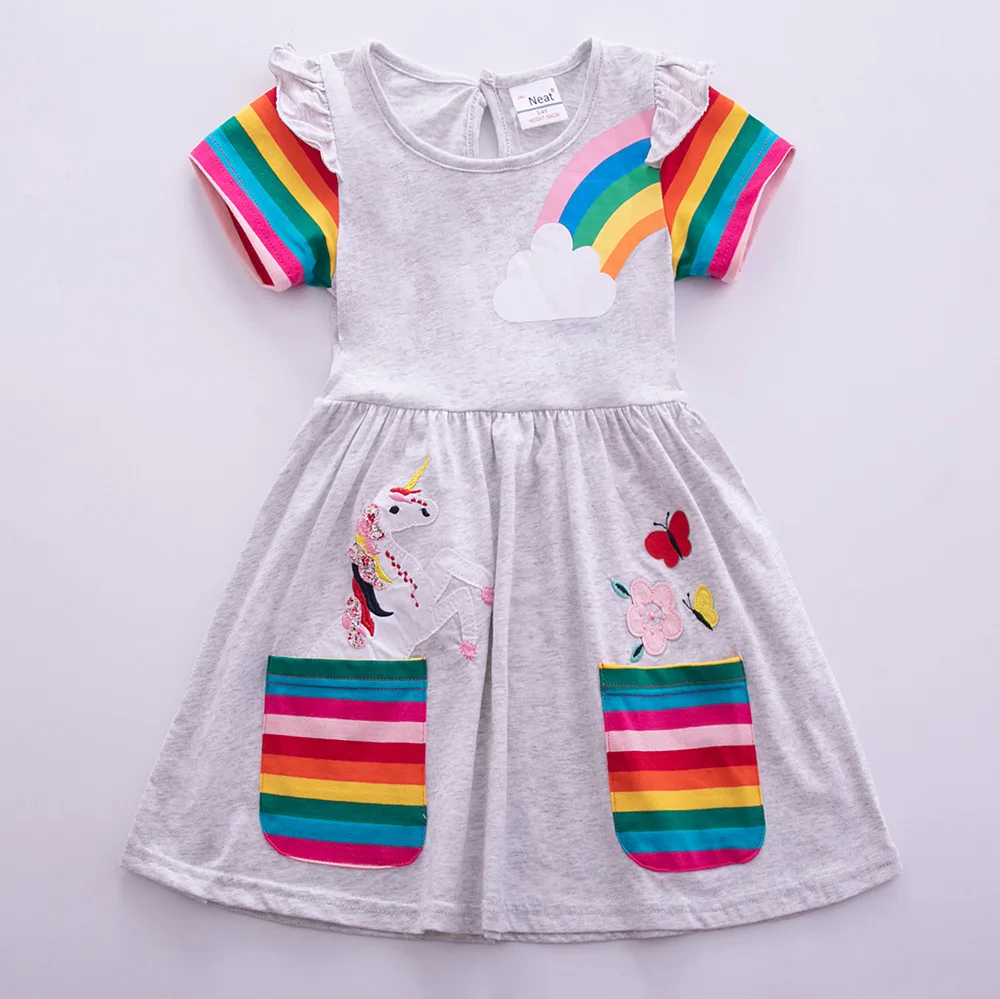 Girls\' Short Sleeve Unicorn Dress New Summer Embroidered Two Pockets Rainbow Sleeve Children\'s SH81035