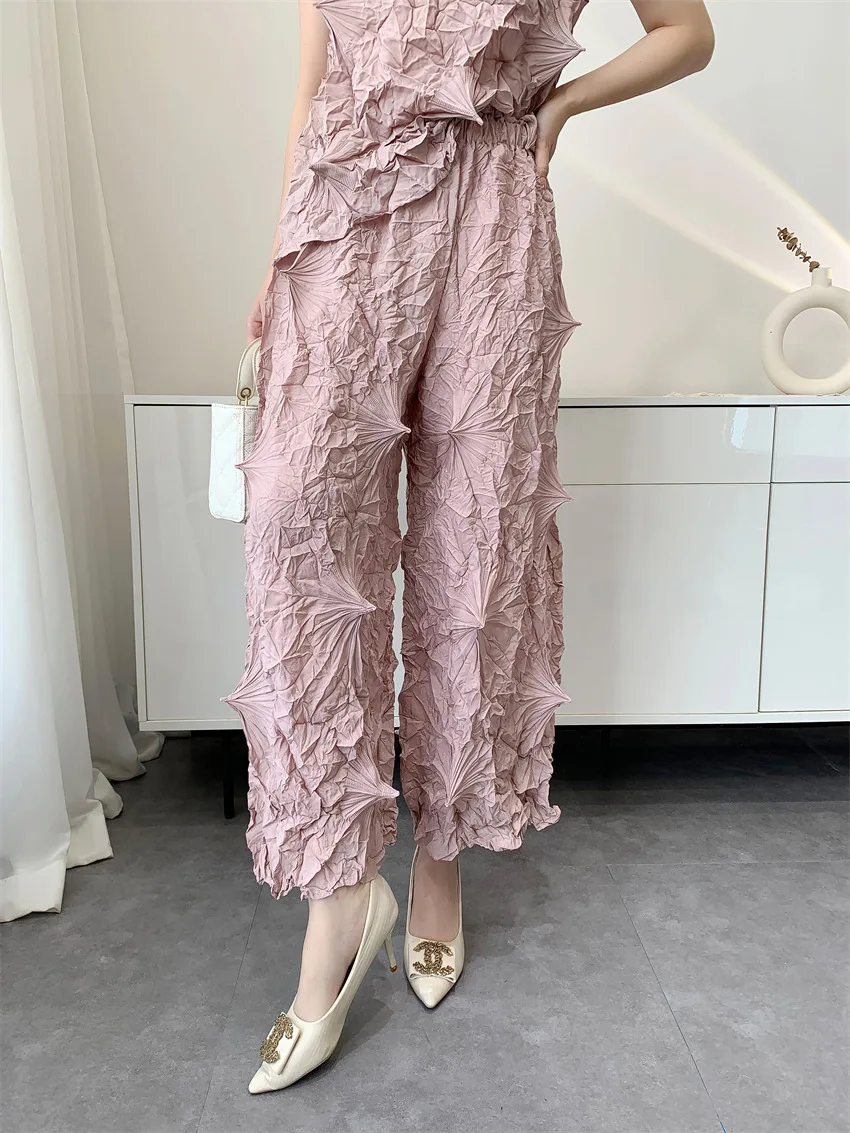 Miyake Hand-pleated Women's Casual Solid Color Loose Large Size Elastic Waist Wide Leg Pants