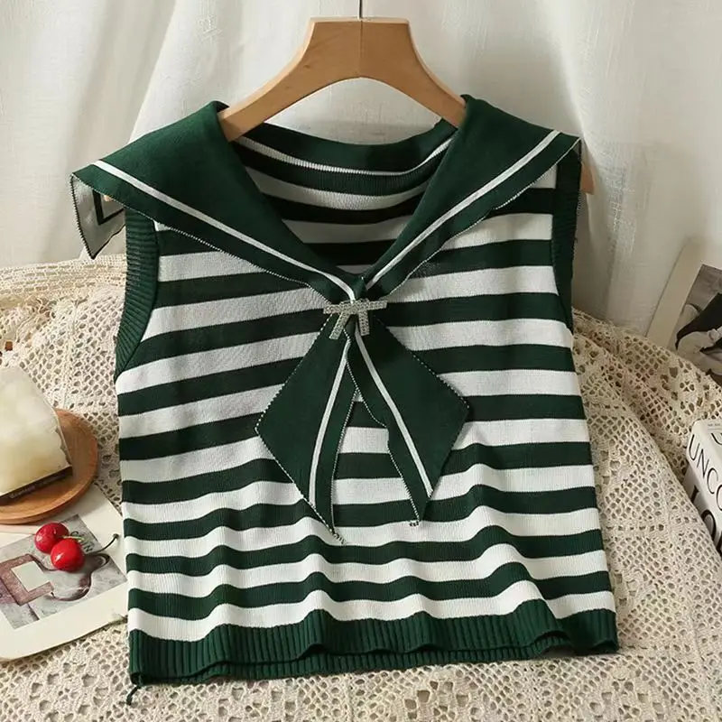 Elegant Women Knit Vest Navy Neck Shawl Stripe Sleeveless Top Sweet Bow Slim Office Lady's Lace Up Retro Casual Summer Waistcoat