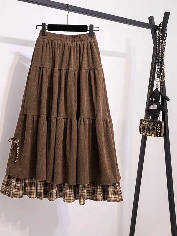 High Waist Plaid Corduroy  Skirt Women's Autumn Winter plus Size Cake Skirt American Style No  Artificial Fur Filling