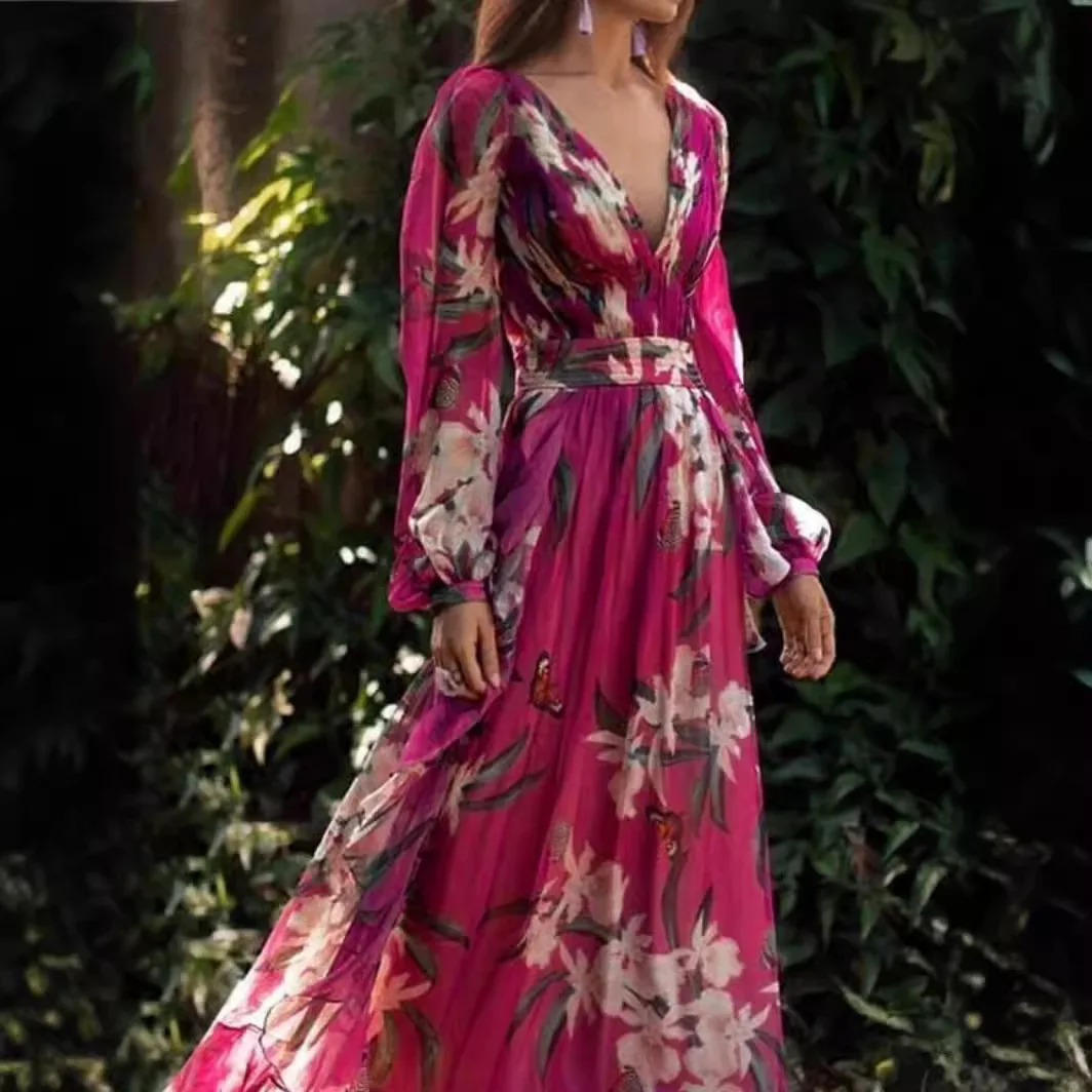 2025 Vestido de mujer estampado de verano con cuello en V, manga larga, falda completa, moda