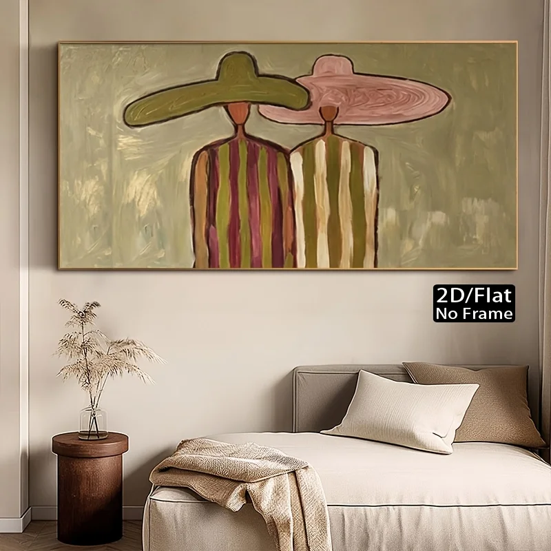 2D Flat Retro Abstract Figure Canvas Wall Art Unframed Large Wide Brim Hats Striped Bohemian Canvas Prints for Living Room Decor