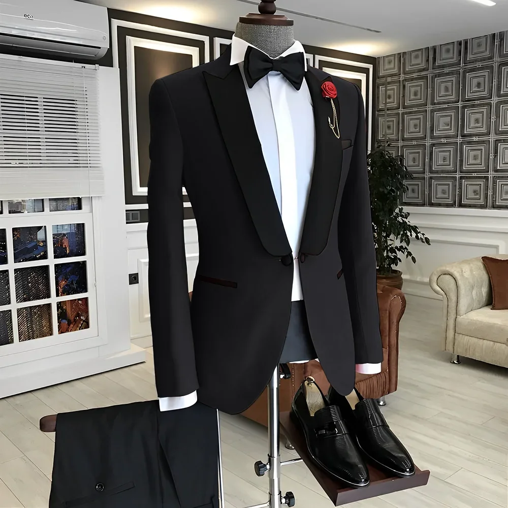 

Classic Men's Suit Wedding Tuxedo Splicing Label 2 Pieces Men Set Black Jacket Pants Elegant Customized XXS-5XL