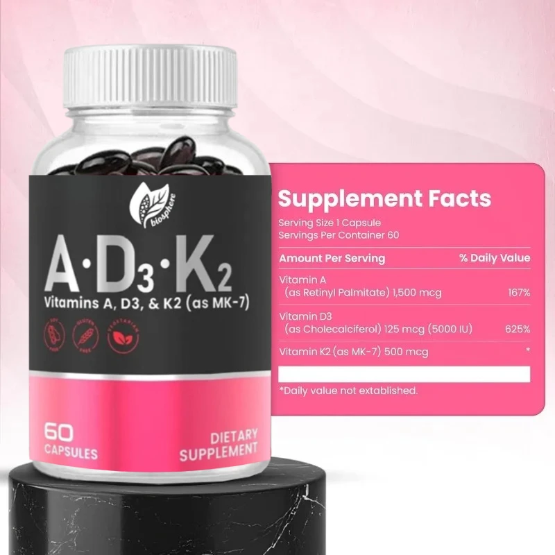 

Диетические добавки с витамином А, Д3, и К2 (МК-7), для силы костей, общего и поддержки здоровья при иммунитете - вегетарианские капсулы