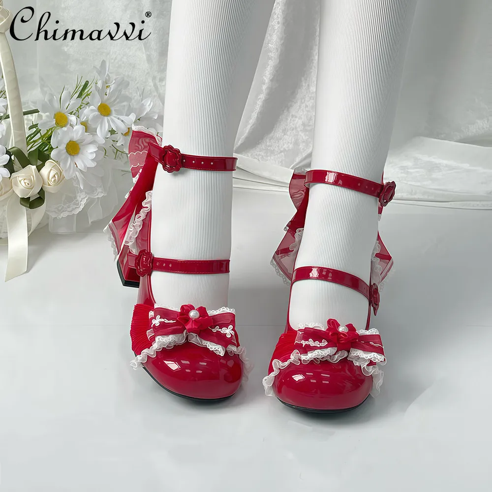 

Original New 2026 Sweet Girl Lace Satin Ballet Mary Jane Shoes Cute Bow Elegant Girls Women Princess Lolita High Heels Pumps