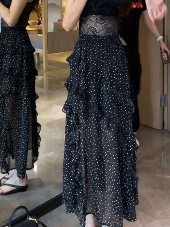 Polka Dot Asymmetrical Splicing Midi Skirt Women's Summer New Elastic Waist Slim Black Split mid Long Skirt Commute Style