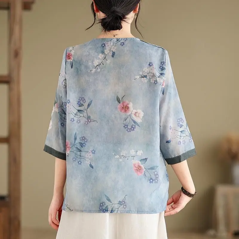 Women's Summer Chiffon V-Neck Pullover Patchwork Short Sleeve Flower Printing Tie Dye T-shirt Loose Elegant Basic Fashion Tops