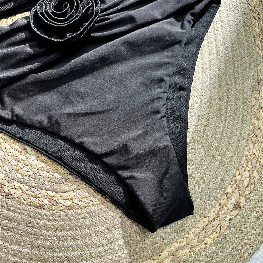 Sexy Black Hollow Out Swimsuit Women One Piece Swimwear 2026 3D Flower Bandeau Monokini Swimming Bathing Suit Wear Beachwear