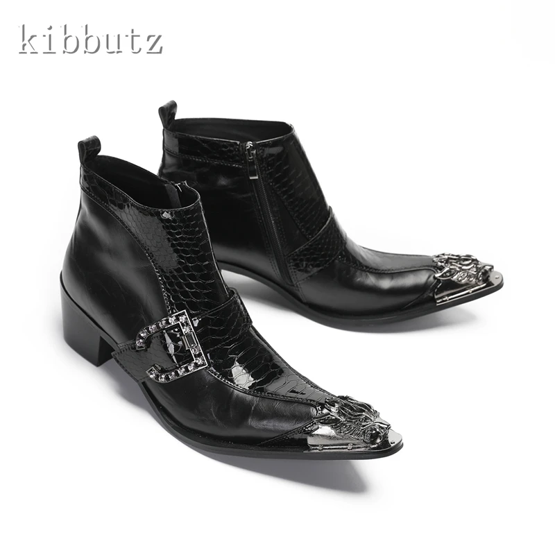 Black Snake Pattern Men Ankle Boots Pointed Metal Toe Genuine Leather Rivets Fashion Cowboy Buckle Punk Boots