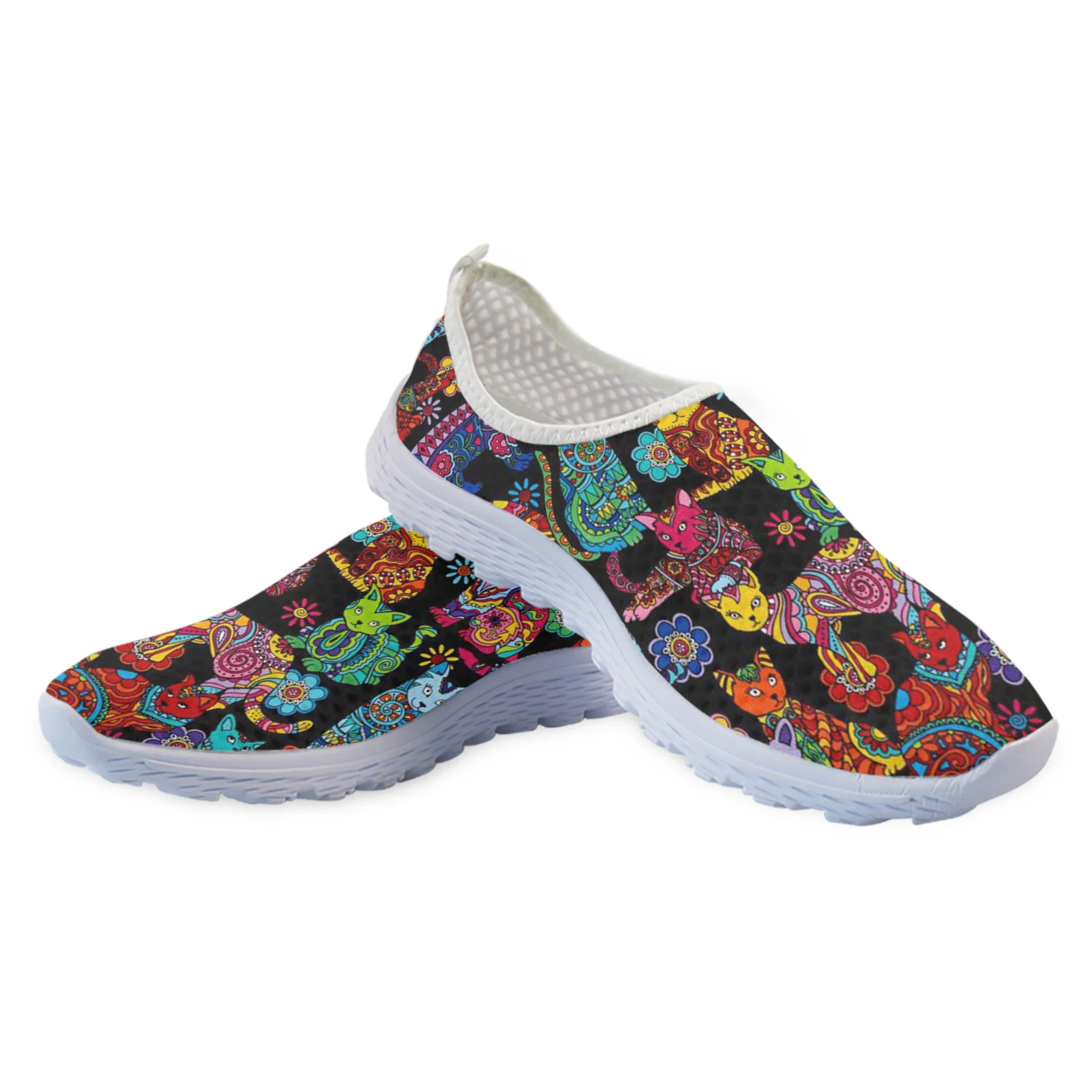 INSTANTARTS Colorful Cartoon Cats Printed Spring Summer Mesh Sneakers Women Casual Flats Super Light Walking Female Flat Shoes