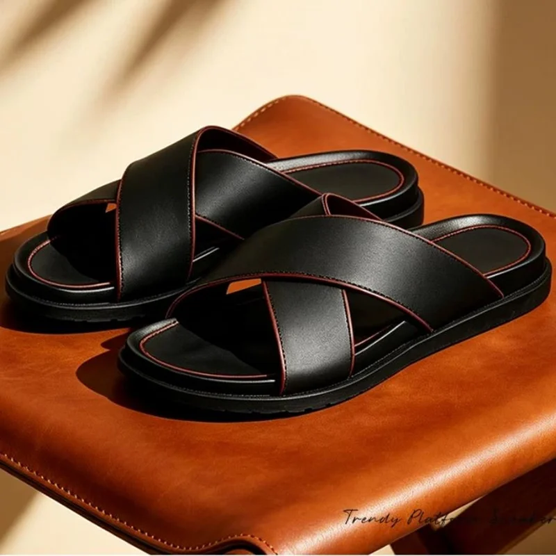 

New Arrival Summer Men's Rubber Bottom Anti-slip Open-toe Genuine Leather Slippers Fashion Cross Strap Casual Outdoor Sandals