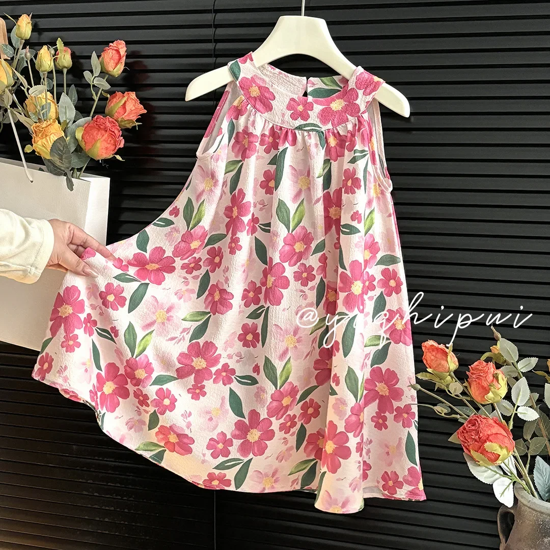 

New 2025 Girls Summer Beach Dress Baby Cute Floral Flower Print Sleeveless Princess A-line Dresses Sundress Casual Clothing