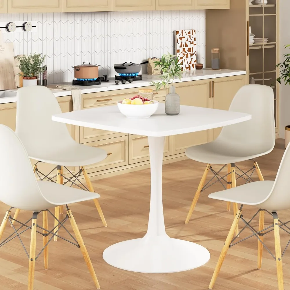 Square Dining Table, 31.5" White Tulip Pedestal With MDF Tabletop & Metal Legs, 2 Piece Design for 2-4 People, Small Spaces