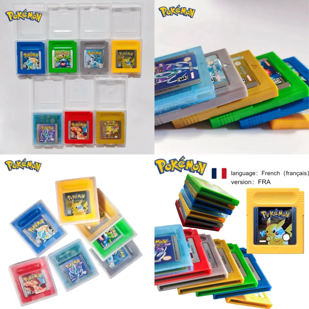 7 Styles Pokémon 16-Bit GBC Game Cartridge Red Blue Green Gold Silver Crystal French/Spanish/German/English Version