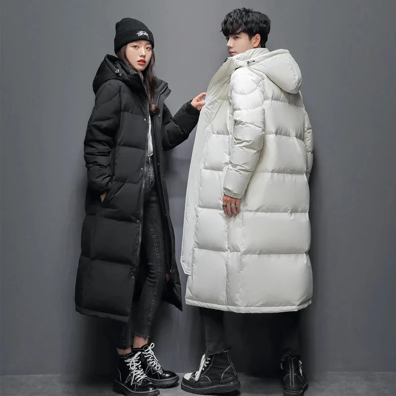 Winter Long White Down Jackets Men Women Hooded Thick Warm Over-the-Knee Puffer Jacket Man Overcoats Couple Padded Down Coat