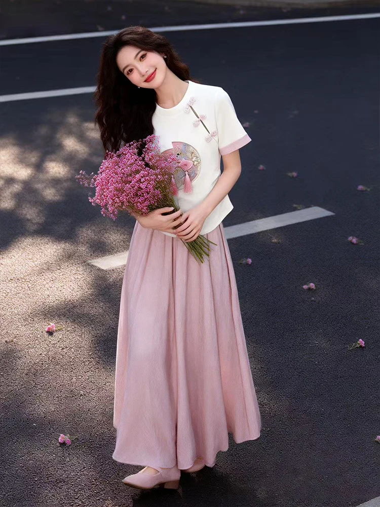 

Summer Pink Long Dress Set Women's Beautiful Two-Piece Suit High Waist Floral Print T-Shirt And Skirt Ensemble Fashionable Hanfu