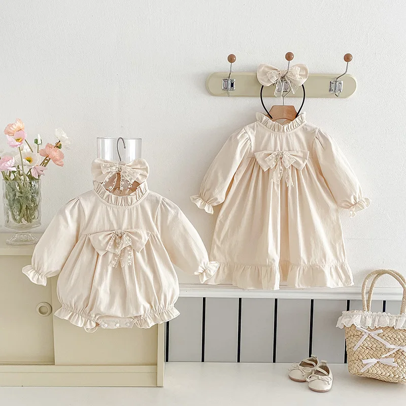 2025 Baby Girl Solid Color Romper Girls Fashion Bow Dress Spring Long Sleeves Ruffled Children Dresses Sister Matching Clothing