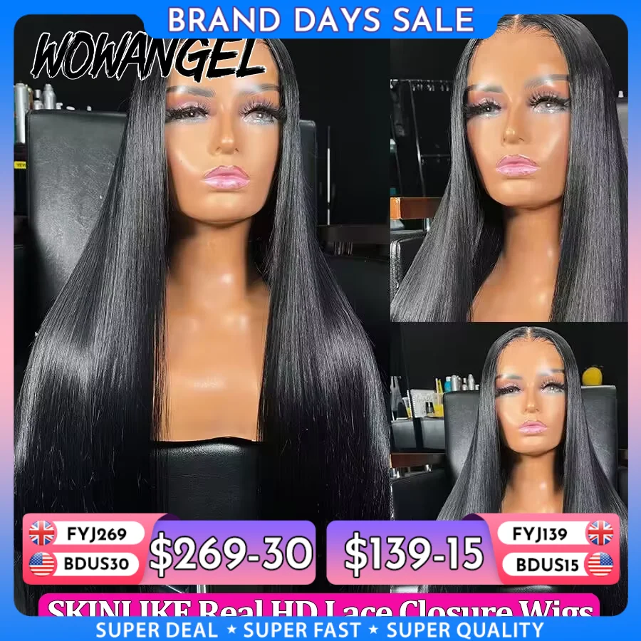 Wow Angel 36inch Jet Black Glueless Wigs 5x5 HD Lace Closure Human Hair Wigs Pre Plucked Straight Ready to Go Wigs For Woman