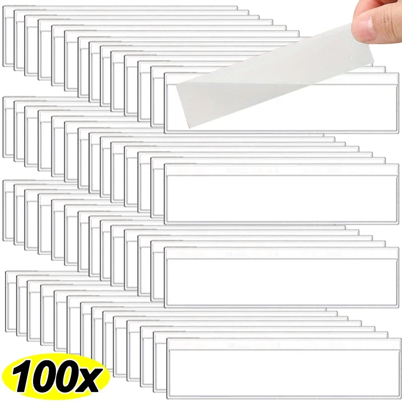 4/100x Clear Adhesive Shelf Tag Pockets Label Holders for DIY Organizing Classify Items Stationery Office Supplies Home Storage