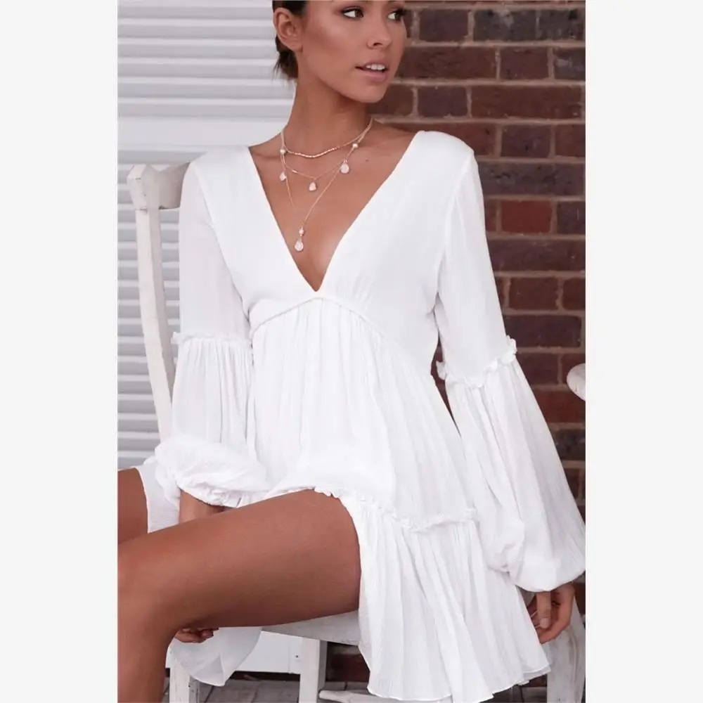 Summer Faion White Vne Lantern Sve Loose Women Dr Street Sle Cotton Long Sve Princ Gonna Aline Dr