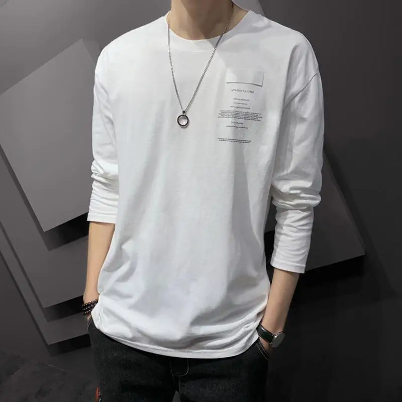 

Мужская весенне-осенняя новая модная свободная футболка с круглым вырезом и длинными рукавами, универсальный базовый топ из 100% хлопка