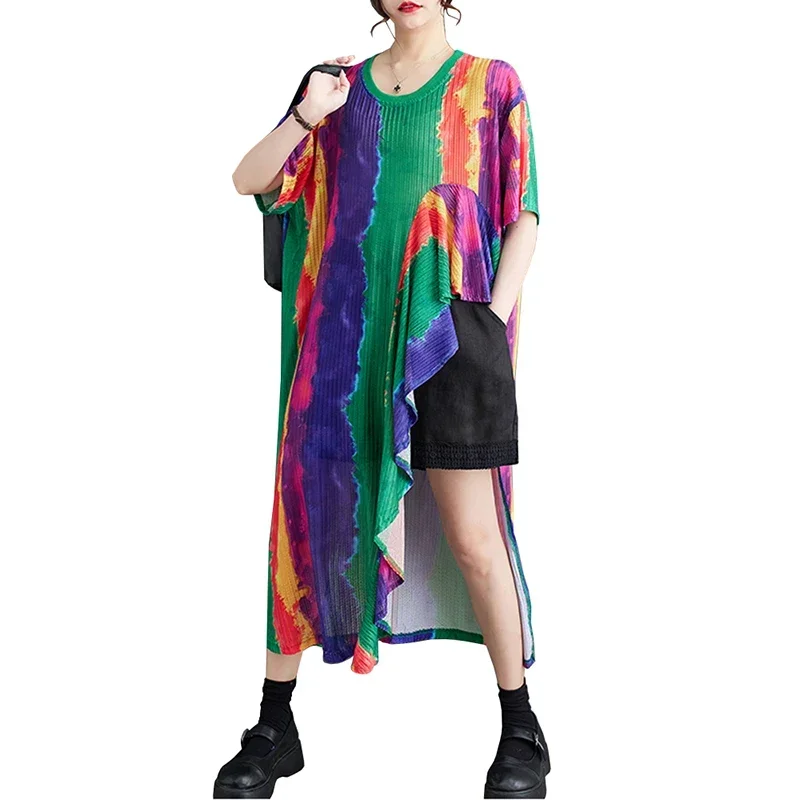 Casual O-Neck Gradation Loose One Piece Asymmetrical Flounced Edge Dress Summer Casual Japanese Pattern Kimono Flower Dress