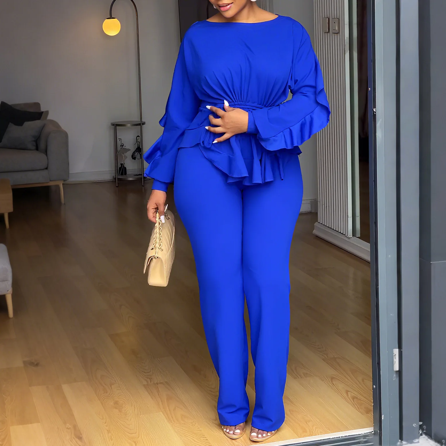 Elegantes, langärmliges Oberteil und Hose-Set mit Kordelzug und elastischem Bund und plissiertem Rand, zweiteiliges Set für Damen, lässiges Outfit