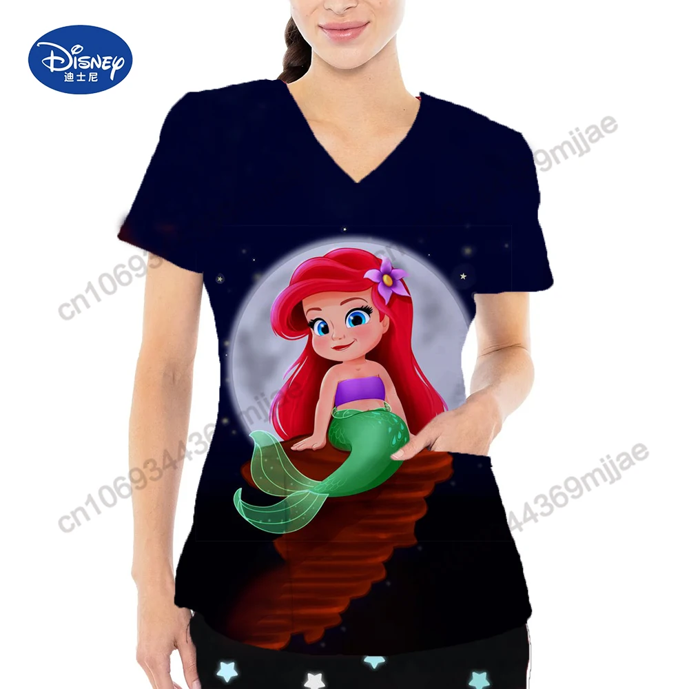 Uniforme d'infirmière à col en V pour femmes, t-shirt Disney, chemisier à la mode coréenne, t-shirt à poches pour femmes, Yk2, 2023