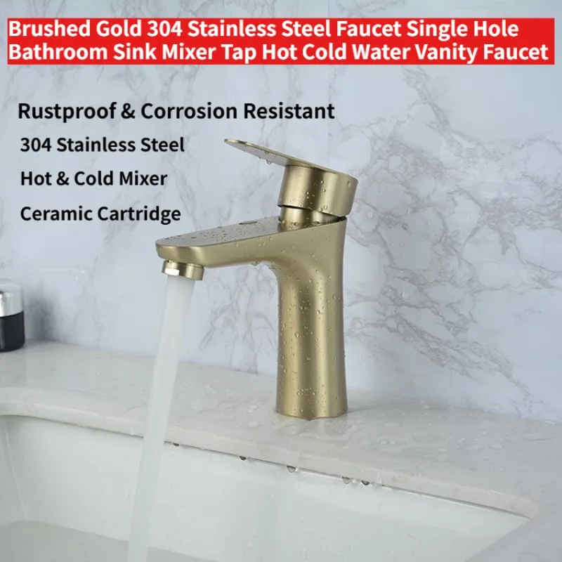 

Смеситель для раковины из нержавеющей стали 304, матовое золото, с одним отверстием, для горячей и холодной воды, для ванной комнаты