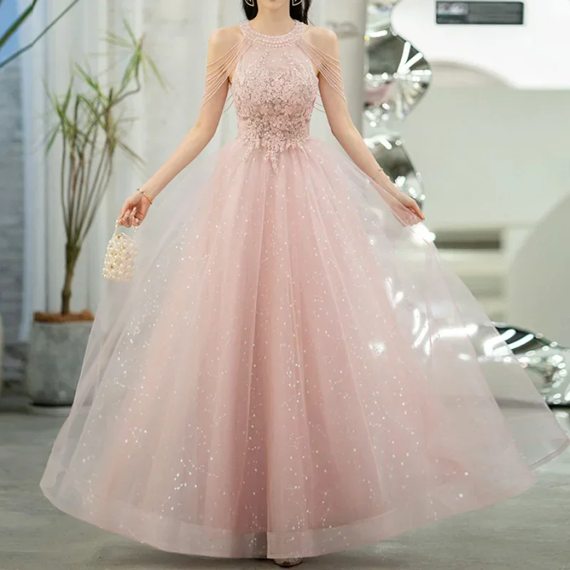 Pink Halter Collar Evening Dress Female Fairy Skirt Explosion Style Temperament High-End Sense Banquet Bridesmaid Dresses