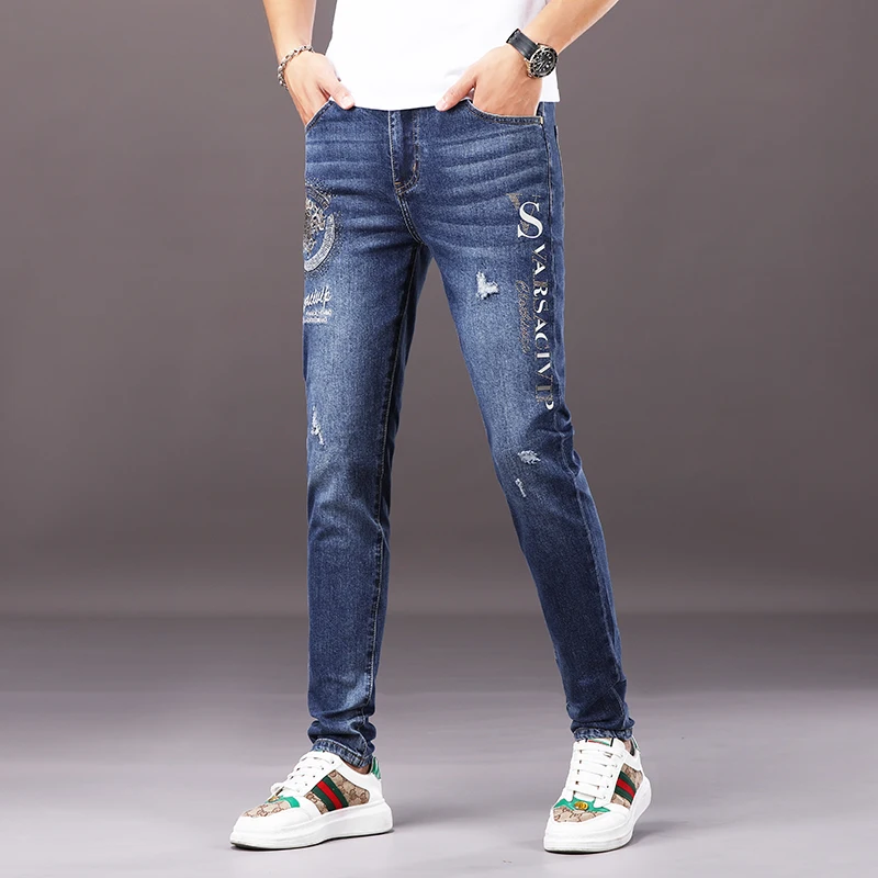 

CJ6819 High end trendy printed rhinestone fusion distressed slim fit jeans men's craft jeans personalized small leg pants