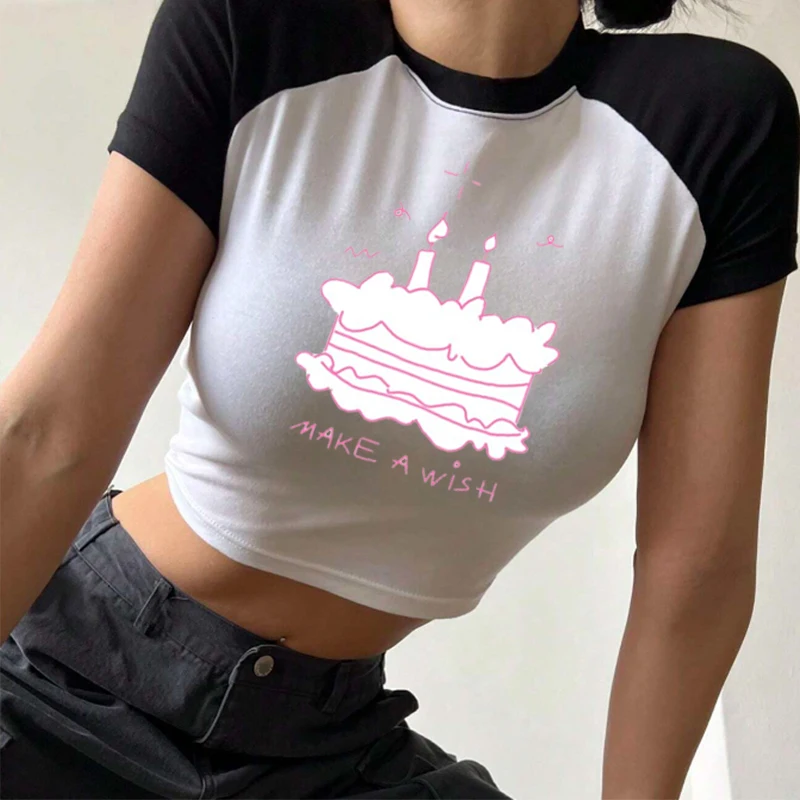 Make a Wish Fashion American Retro Hot Girl Cropped Tops Women Short T-Shirt Printed Short Raglan Sleeve O Neck Baby T-Shirt