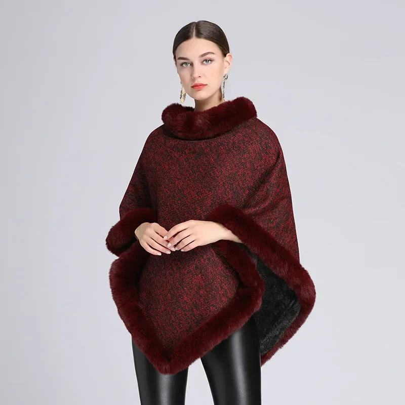 Mode Vintage Gebreide Faux Rex Konijnenbont Poncho Jas Vrouwen Winter Dikke Voering Pure Kleur Pullover Wraps Mantel B479