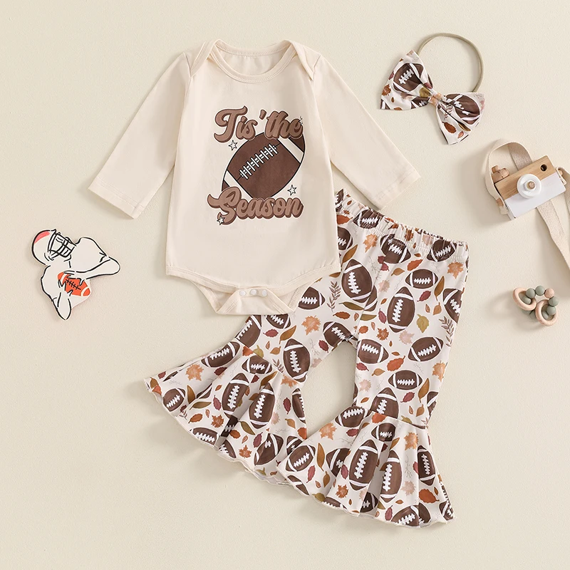 BULINGNA Newborn Baby Girl Football Outfit Tis The Football Season Romper Bodysuit Rugby Bell Bottoms 3Pcs Baby Fall Clothes