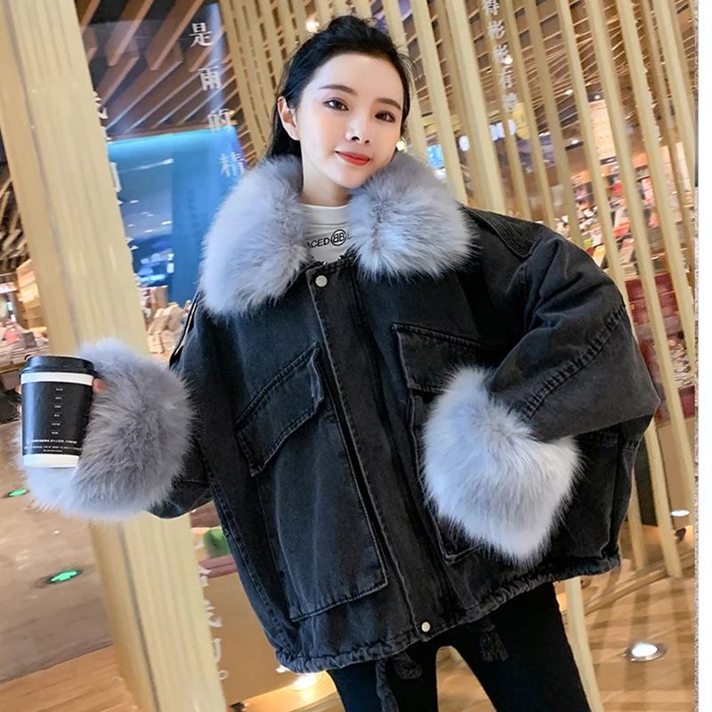 European Style Plush Cotton Fur Collar Denim Coat Women\'s Autumn Winter New Zipper Large Pocker Thickening Jean Jacket