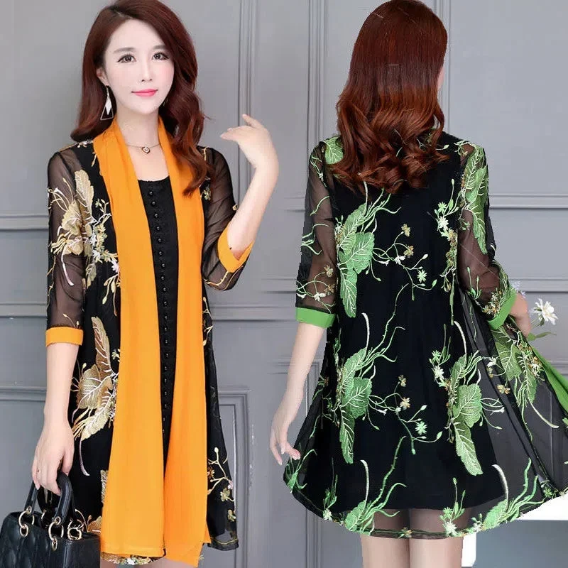 

2023 Summer New Korean Version Women Clothing Mother Clothing Ethnic Style Cheongsam Jacket Female Mid-Length Sunscreen Clothing