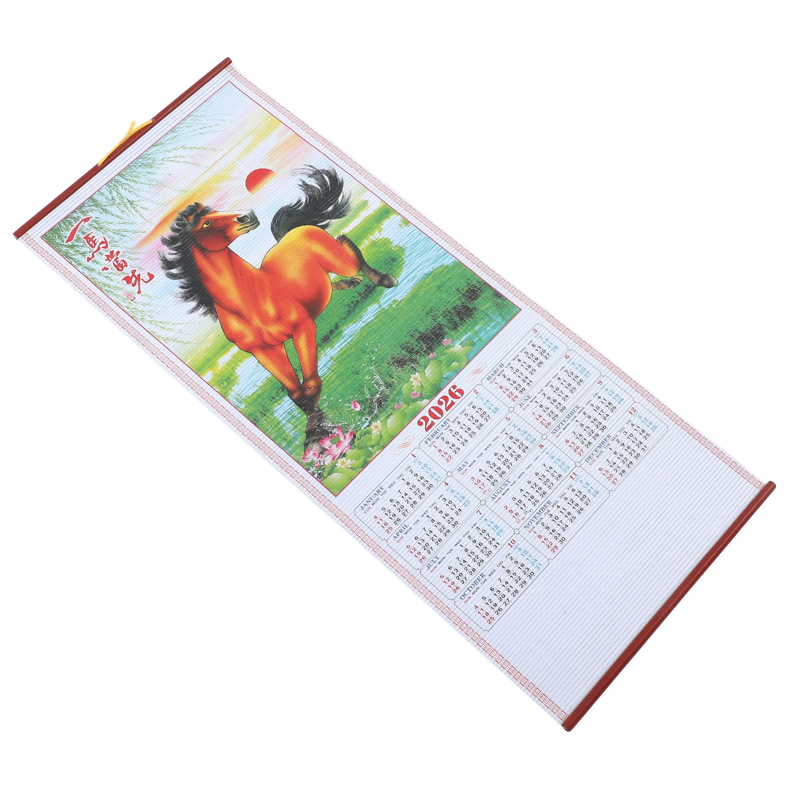 

2026 Horse Year Traditional Faux Rattan Hanging Scroll Calendar Chinese Lunar Wall Calendar for Living Room Office Decoration