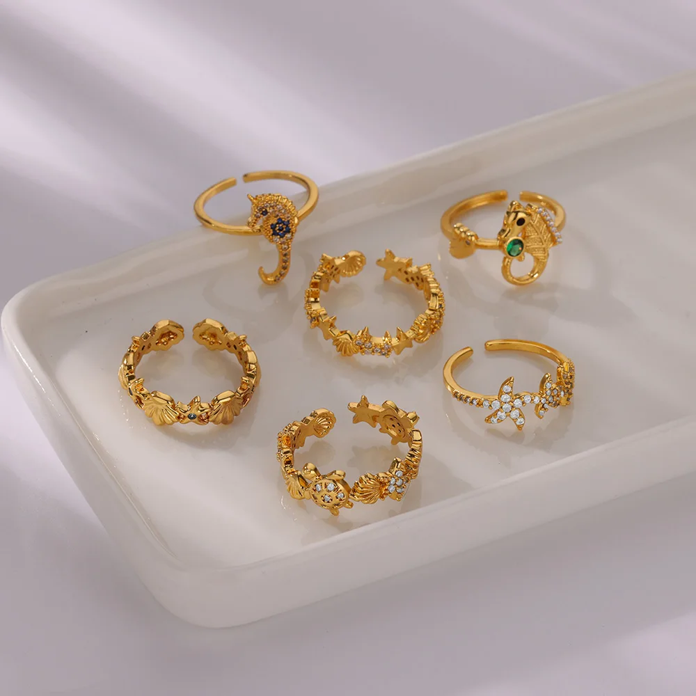 

Cute Cubic Zirconic Shell Turtle Rings For Women Stainless Steel Gold Color Animal Sea Horse Finger Rings Ocean Jewelry Gift