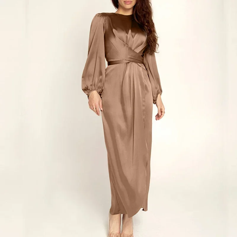 Women Arab Muslim Dresses Satin Long Sleeve Maxi Dress Solid Color Wrap Front Self-Tie Party Dress Prom Evening Robe De Soiree