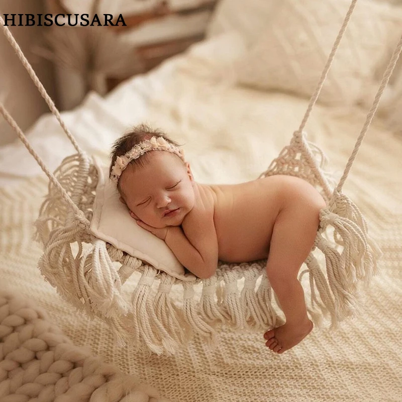 Newborn Baby Photo Props Hanging Hammock Nordic Hand Woven Hanging Bed Garden Bedroom Photography Studio Props Swinging Hammock