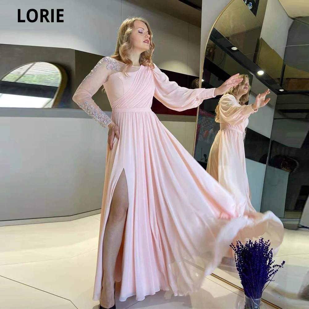 

LORIE Pink Vintage Prom Dresses Long Sleeves A-line O Neck Satin Vestidos De Gala Slit Appliques Robe De Soirée Luxe élégante