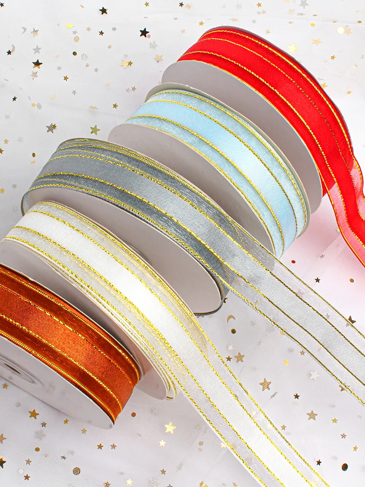 

Wired Organza Ribbon,Chiffon Ribbon with Golden Edge for Gift Wrapping, DIY Crafts Bouquet Garland Baking Decoration 1in x 49Yd