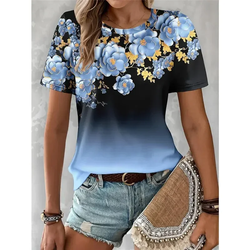 Sommer Damen T-Shirt T-Shirt Blumen Lässig Urlaub 3D-Druck Farbverlauf Kurzarm T-Shirts Mode Rundhalsausschnitt T-Shirts für Frauen