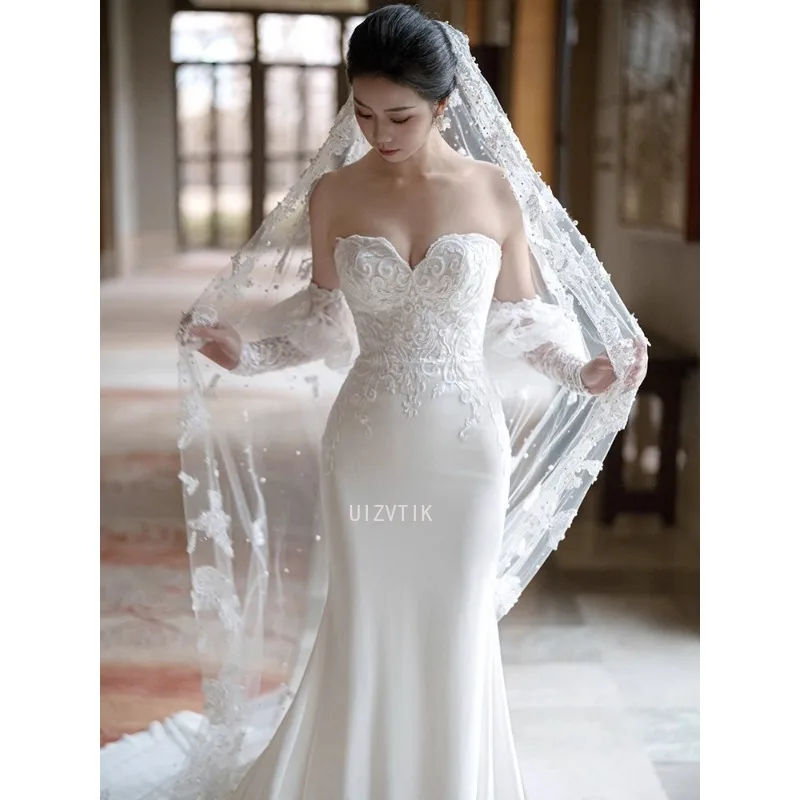 White Light Luxury Stain Appliques Wedding Dresses Elegant Strapless Off The Shoulder Bride Dress Sexy Mermaid Vestidos De Novia