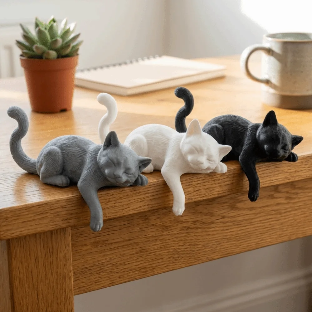 Simple Cute Desk Cat Decorations 3D Printed Funny Sleeping Cat Ornament Creative Cat Statues Crafts Desktop Use