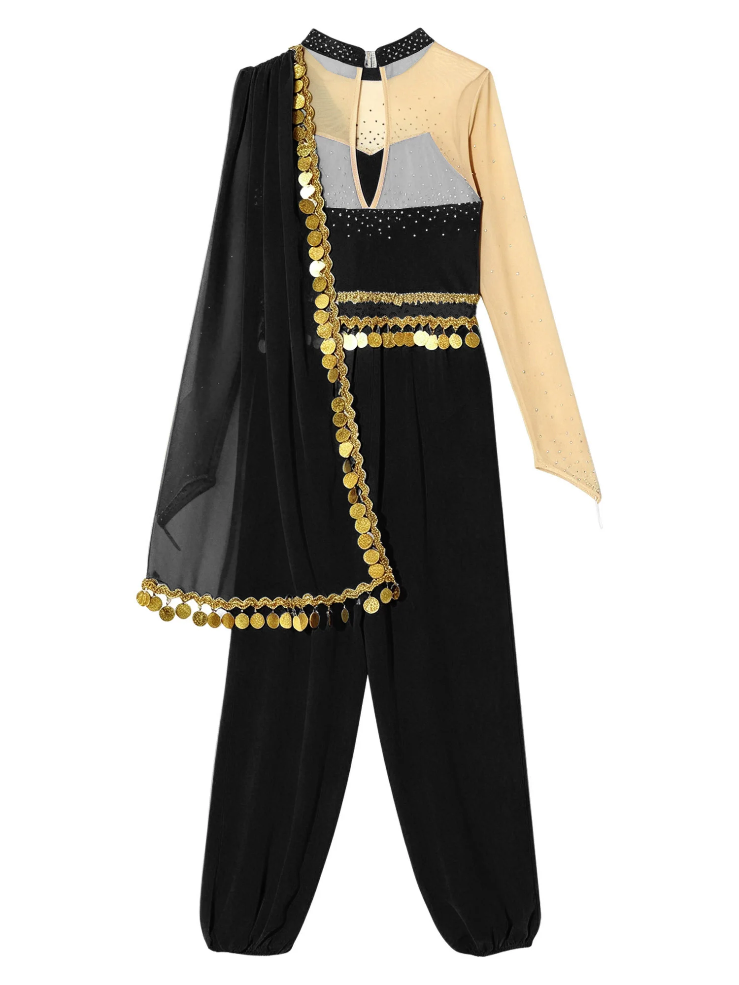 

Kids Girls Arabian Princess Costume Sequins Tassels Rhinestone Jumpsuit Long Sleeve Bodysuit Stretchy Halloween Cosplay Party